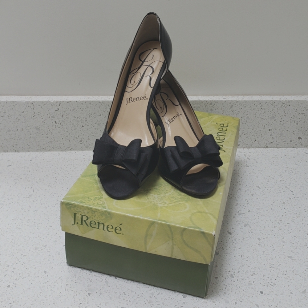 J. Renee Chrissy Black Patent Peep Toe Wedges